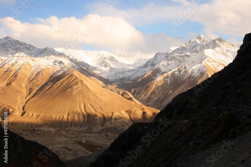 Evening view of hindukush or hindu kush mountain ridge, Tahikistan and afghanistan, view from Pamir highway or pamirskij trakt