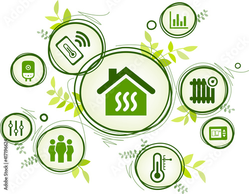 Smart heating / meter vector illustration. Concept with icons related to thermostat or thermometer, energy efficiency, saving or consumption, remote temperature control, home automation technology. photo