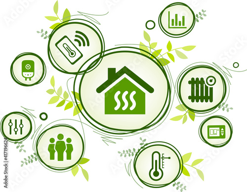 Smart heating / meter vector illustration. Concept with icons related to thermostat or thermometer, energy efficiency, saving or consumption, remote temperature control, home automation technology.
