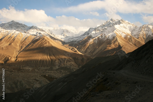 Evening view of hindukush or hindu kush mountain ridge, Tahikistan and afghanistan, view from Pamir highway or pamirskij trakt