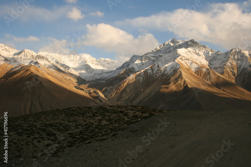 Evening view of hindukush or hindu kush mountain ridge, Tahikistan and afghanistan, view from Pamir highway or pamirskij trakt photo