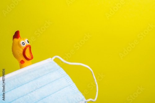 Fotografie Shrilling Chicken squeaky toy and medical mask