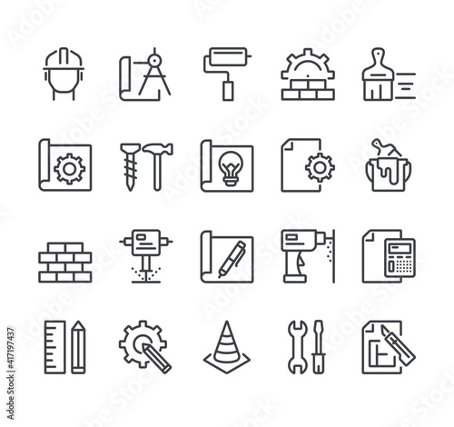 Construction house project development isolated line thin icon set

