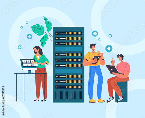 System administrator service teamwork concept. Vector flat graphic design illustration