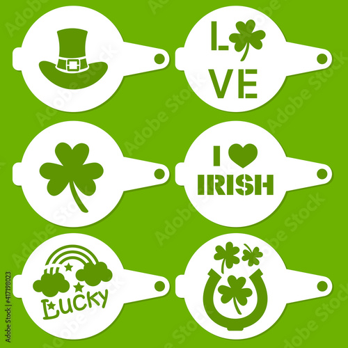 Collection of Patrick's Day coffee stencils for drawing picture on macchiato, cappuccino, latte. Silhouettes template for laser cutting. Festive vector illustration.