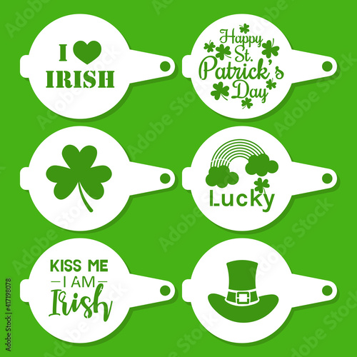 Collection of Patrick's Day coffee stencils for drawing picture on macchiato, cappuccino, latte. Сlover, rainbow, hat. Silhouettes template for laser, paper cutting. 