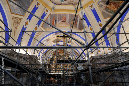 Restoration of Saint Nicolas de Veroce baroque church. Scaffold. France. 22.03.2018