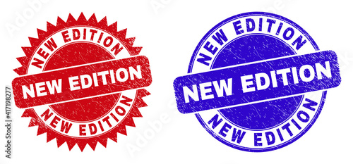Round and rosette NEW EDITION seals. Flat vector distress seals with NEW EDITION title inside round and sharp rosette form, in red and blue colors. Rubber imitations with corroded texture,