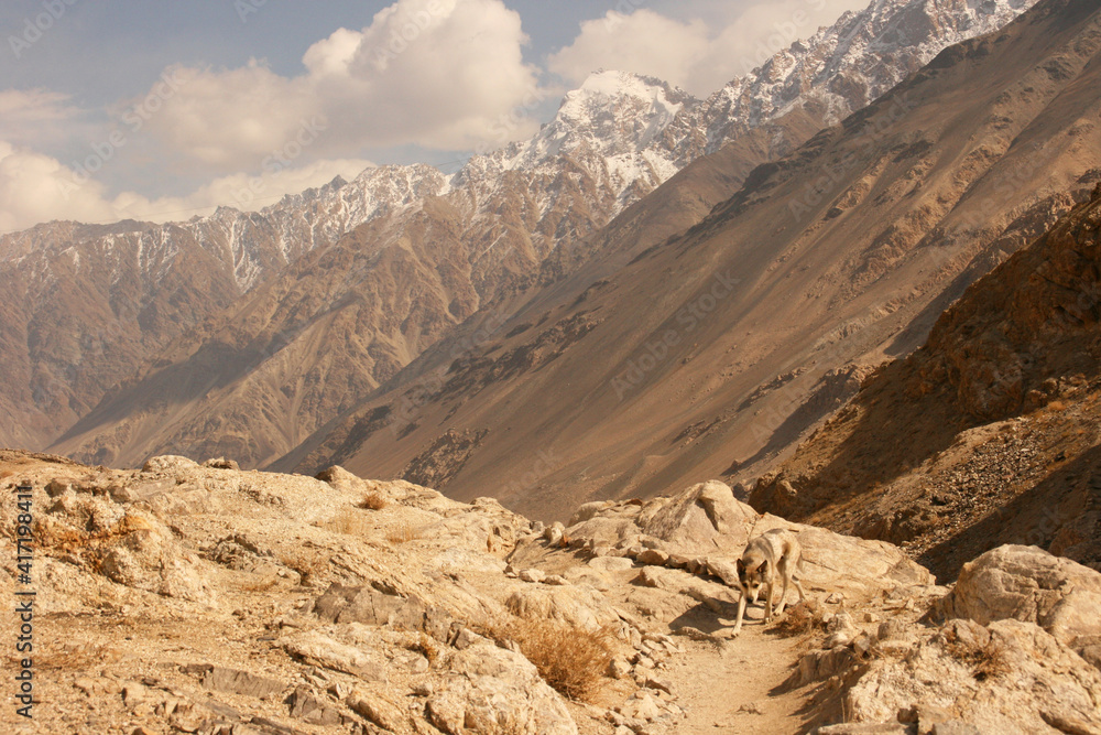 Wakhan valley, Tajikistan: view from Khaakha Fortress. Beautiful scenery along the road trip on Wakhan valley, Pamir highway, Tajikistan