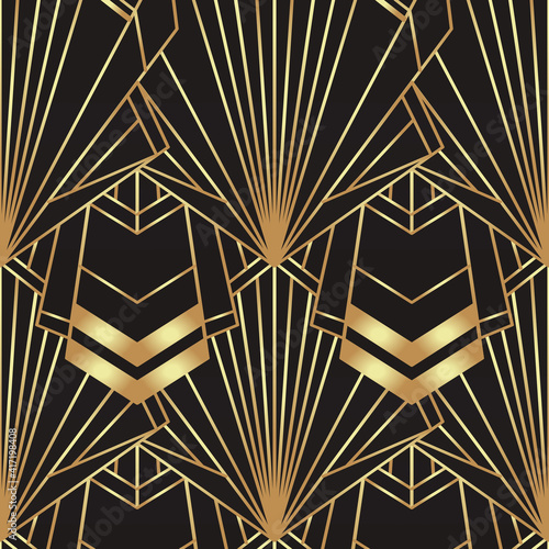 Art deco style geometric seamless pattern in black and gold. Vector illustration. Roaring 1920 s design. Jazz era inspired . 20 s. Vintage Fabric, textile, wrapping paper, wallpaper.