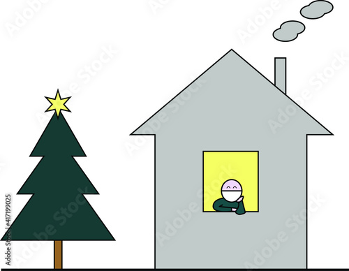 New year and coronavirus. Man in the house, in the yard Christmas tree