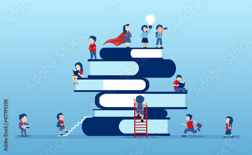 Vector of children climbing up on a top of a stack of books eager to learn