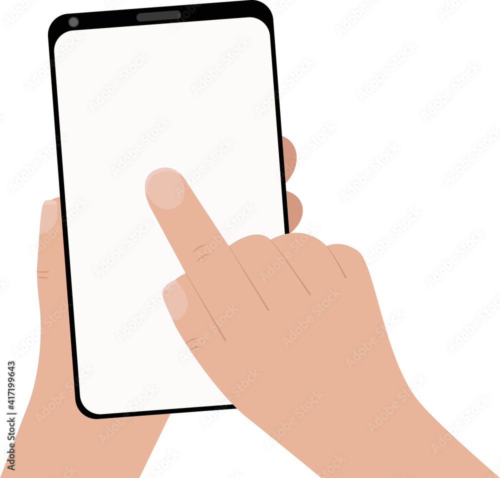 Hand holding black smartphone, touching blank white screen. Using mobile smart phone, flat design concept. Hand holding black smartphone, touching blank white screen. Using mobile smart phone, flat design concept.