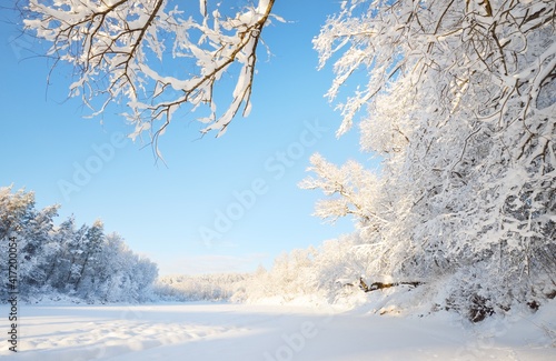 Obraz na plátně Frozen river in a frame of snow-covered trees, hoarfrost on branches
