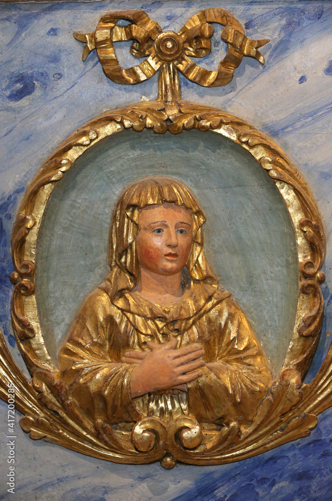 Obraz premium Restoration of Saint Gervais baroque church. Virgin Mary. Paint renovation. France. 22.03.2018