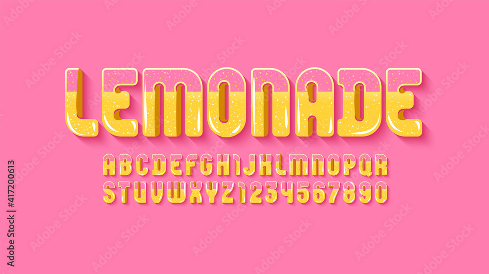 Trendy glossy font, yellow alphabet, bright rounded letters from A to Z and numbers from 0 to 9, vector illustration 10EPS