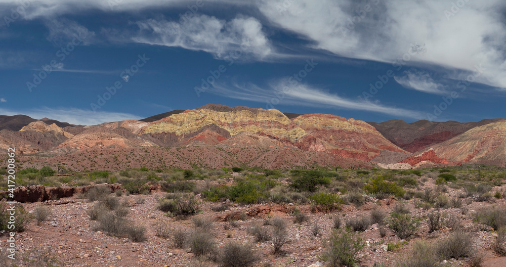 Colorful mountains and desert background. Panorama view of the sandstone and rock formations of yellow, red and orange minerals in the altiplano canyon, under a beautiful blue sky. 