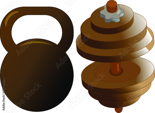 Sports equipment: collapsible dumbbell and kettlebell. Vector illustration. Sports and fitness