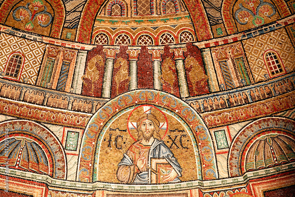 Basilica San Marco. Mosaic of the reception of St. MarkÕs body into San Marco, 13th century. Jesus. Detail.  Mosaic.  Venice. Italy.  31.07.2018