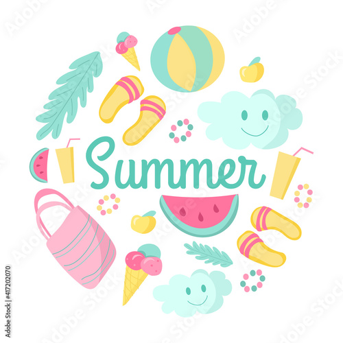 Summer vector composition. Flat beach elements for web-design  flyers  cards  invitations  etc