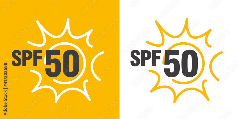 SPF 50 UV sun protection vector sticker label logo icon isolated on white and yellow background SPF 50 UV sun protection vector sticker label logo icon isolated on white and yellow background