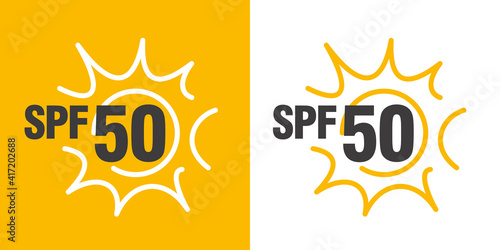 SPF 50 UV sun protection vector sticker label logo icon isolated on white and yellow background