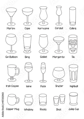 Collection set of hand-drawn doodle cartoon style vector icon illustrations. Various alcohol cocktail glasses high ball martini margarita old fashioned shot. For card, A4 poster or bar menu recipe.
