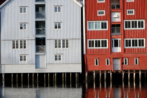 Restored and converted storehouses along the River Nidelva. Trondheim. Norway.  17.10.2019 photo