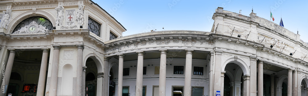 Panorama of the Classical facade of the Genova Piazza Principe station in Genoa northern Italy.This is the main long distance station in Genoa. The first station was built in 1868.