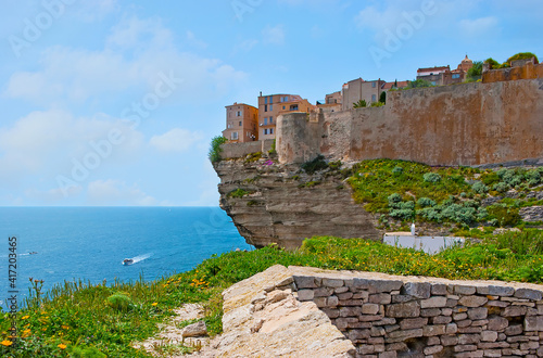 The medieval citadel on the cliff, Bonifacio, Corsica, France photo