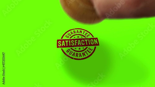 Satisfaction guarantee stamp and hand stamping impact isolated animation. Business service, happy and satisfied customer 3D rendered concept. Alpha matte channel. photo