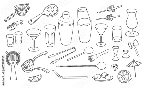 Collection set of hand-drawn doodle cartoon style vector icon illustrations. Various bar cocktail tool accessories instruments such as shaker glasses strainers jiggers. For bar menu website design.