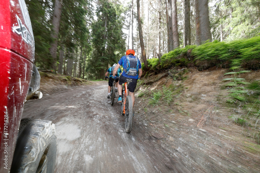 Obraz premium Dre Dans le l'Darbon : mountain bike race in the french Alps. Cyclists. France. 07.06.2018