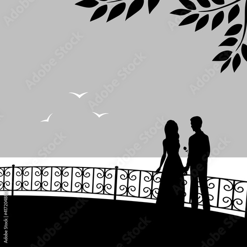 Silhouette of a couple in love on the background of the evening sea. A man gives a girl a flower. Vector romantic black and white illustration