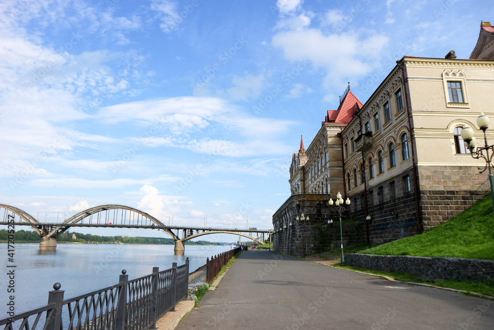 view to the landmark of Rybinsk new building of the grain exchange and Volga river