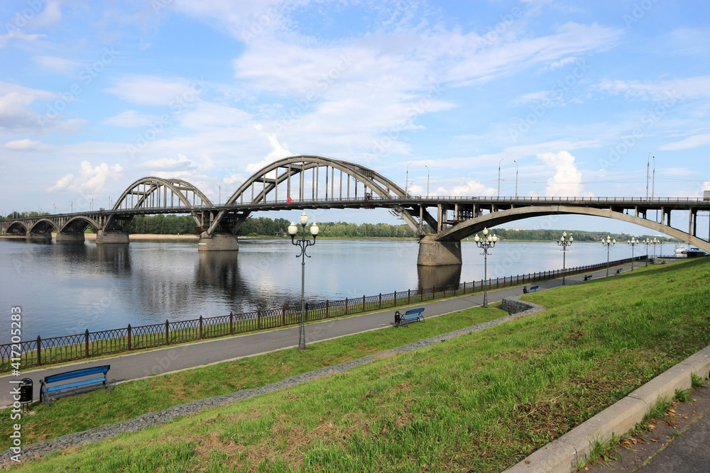 view to the bridge across Volga river in Rybinsk, Russia