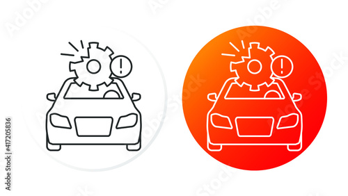 two linear icons on a round substrate, car accident, use of a faulty vehicle