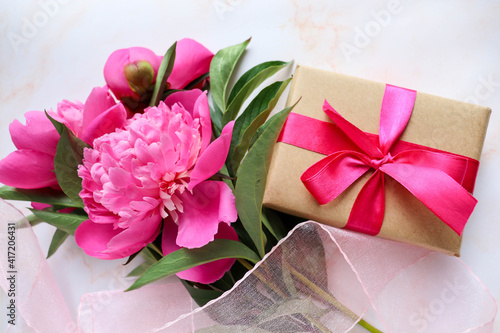 spring flowers. flower arrangement of pink peonies and place for text 