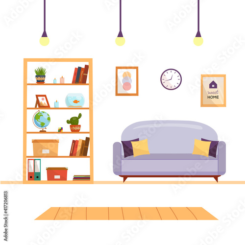 Modern interior with furniture. Vector illustration of a living room with a sofa and a bookcase. Cozy house concept. Perfect for advertising a furniture store, anti-cafe, bookstore or interior design