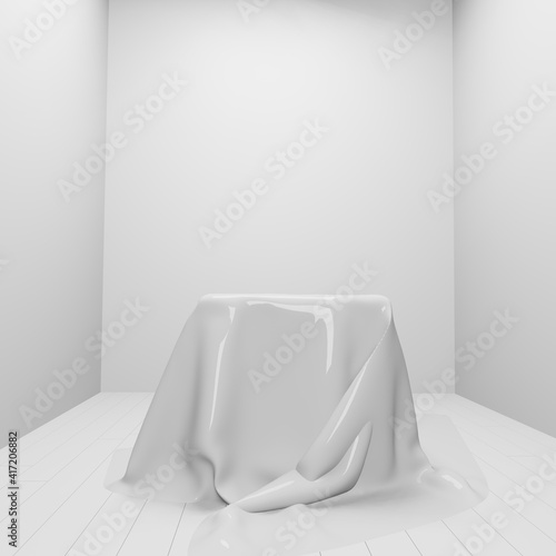 Empty room with a white glossy cloth and white wood floor. Front side Showroom 3D render illustration. 