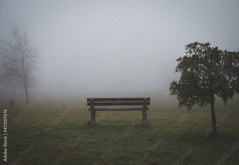 Quiet park with a bench in the morning fog Quiet park with a bench in the morning fog