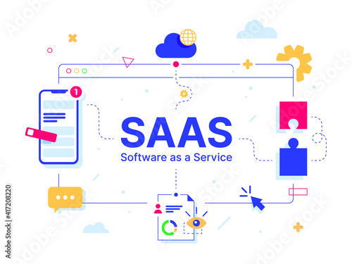 SaaS - Software as a service. Code line of programming internet application. Cloud software on computers with program code on the screen, infographic elements icon, app, virtual screens on white photo