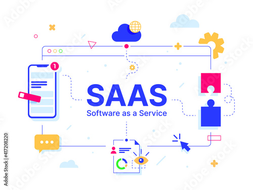 SaaS - Software as a service. Code line of programming internet application. Cloud software on computers with program code on the screen, infographic elements icon, app, virtual screens on white
