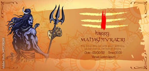 Greeting card for illustration of Lord Shiva, Indian God of Hindu for maha Shivratri, with hindi text har har mahadev meaning 'Everyone is Lord Shiva'. and 'om namah shivay'