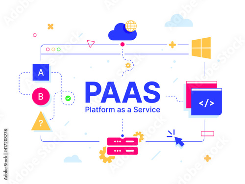 PaaS - Platform as a Service. Code line of programming internet application. Cloud software on computers with program code on the screen, infographic elements icon, app, virtual screens on white