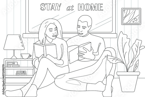Coloring page for kids and adults with patterns and small details. Quarantine, stay at home concept illustration. people sitting at their home, room or apartment. Loving Couple enjoying reading