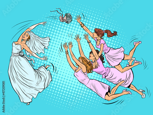 The bride at the wedding throws a bouquet