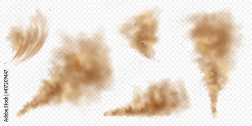 Realistic dust clouds. Road sand storm. Polluted dirty brown air with dirt particles, smog. Air, environmental pollution. Vector design element.
