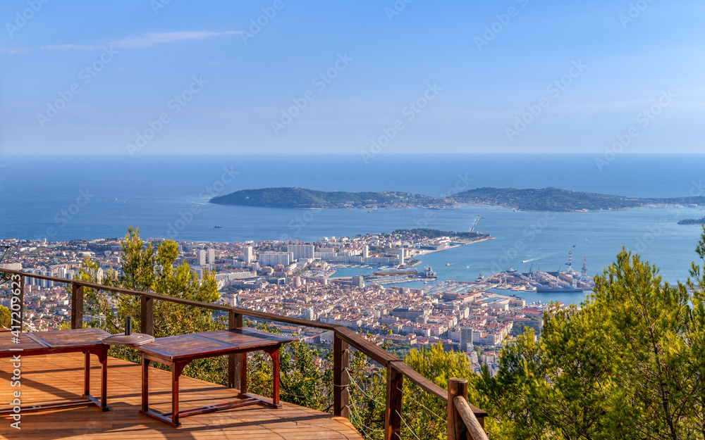 Naklejka premium View of Toulon city and coastline from observation deck on the Faron mountain. Toulon, France.