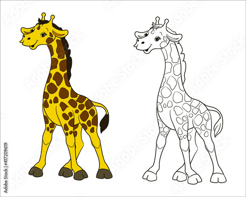 A long-necked spotted giraffe. Coloring book for children black and white. Vector illustration in cartoon style  isolated line art